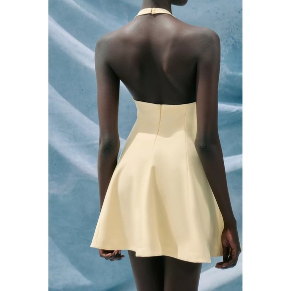 Zara Yellow Halter Neck Mini Dress Sleeveless Fit and Flare Cocktail XL NWT - Picture 3 of 11
